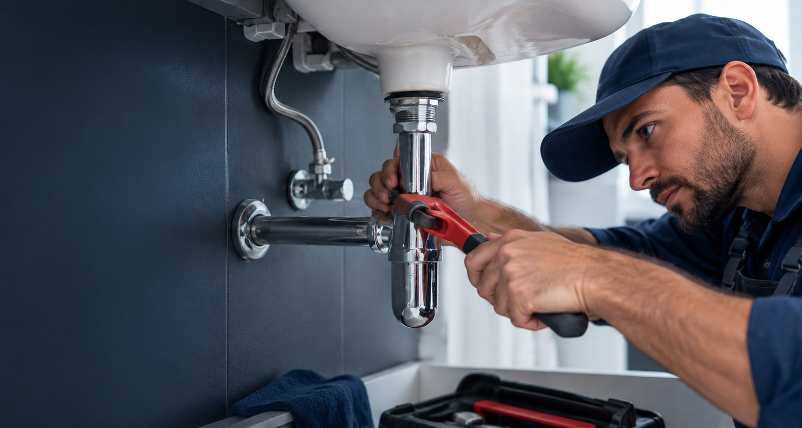 Professional plumber repairing under-sink plumbing